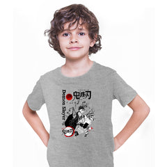 Demon Slayer Tanjiro And Nezuko Kimetsu Kids Grey T shirt