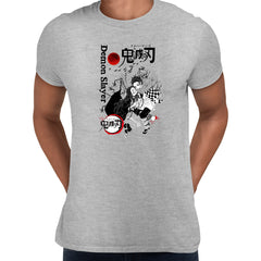 Demon Slayer Tanjiro And Nezuko Kimetsu Adult Grey T shirt