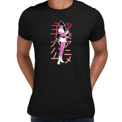 Manga Girl Katana Fight Black T-shirt Japan Anime Sword Comics Character Tee