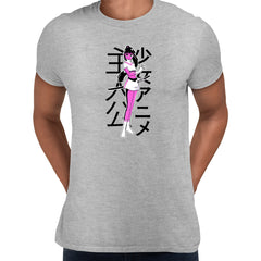 Manga Girl Katana Fight Grey T-shirt Japan Anime Sword Comics Character Tee