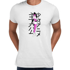 Manga Girl Katana Fight White T-shirt Japan Anime Sword Comics Character Tee