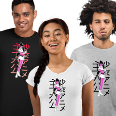 Manga Girl Katana Fight Black T-shirt Japan Anime Sword Comics Character Tee